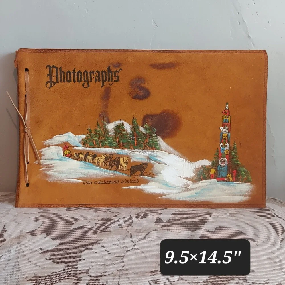Vintage The Malamute Limited Leather Photo Album Hand Painted Dog Sled Totem Tan